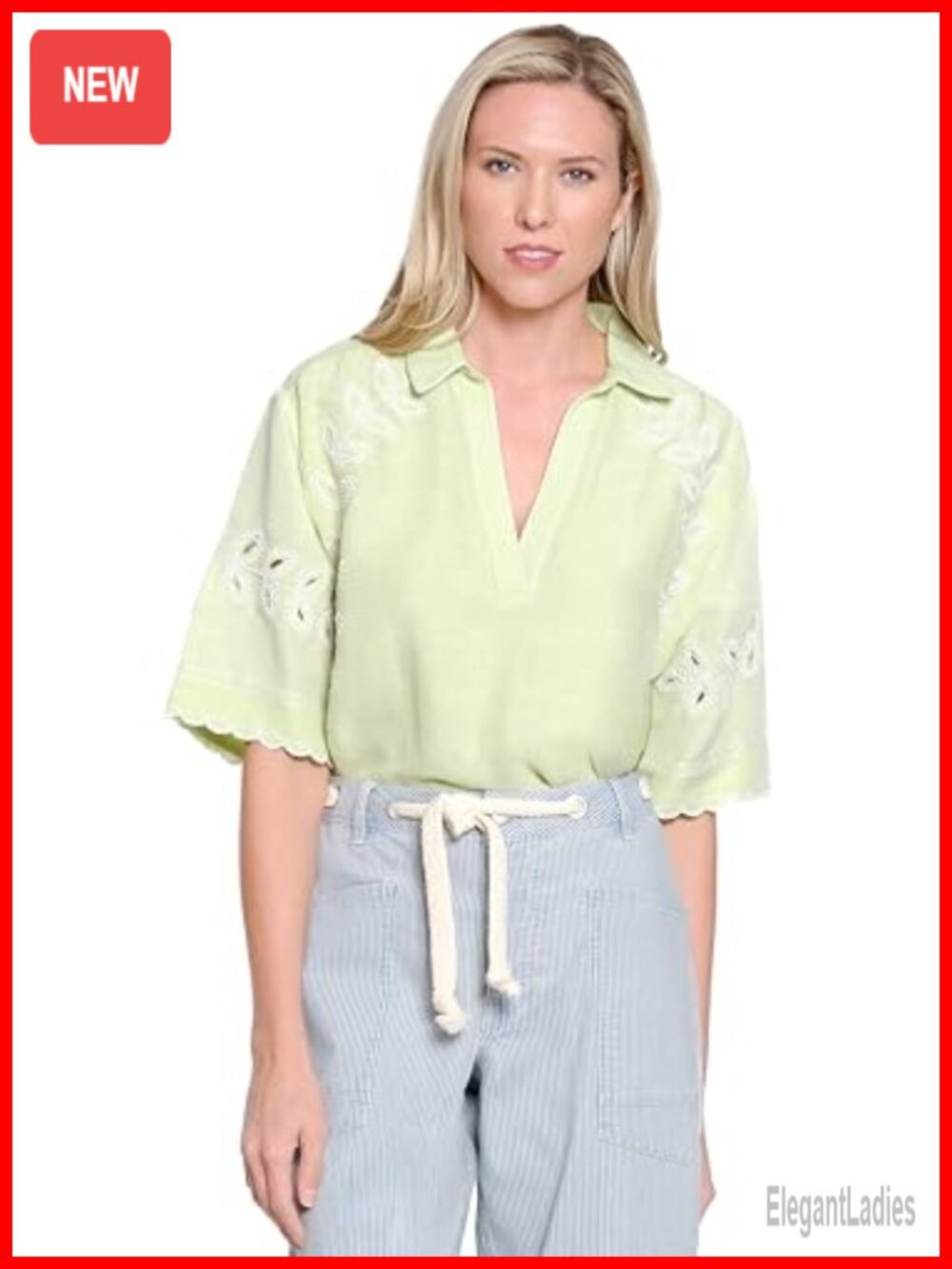 Linen Viscose Cord Embroidery Scallop Edge Pullover Split Neck Tunic